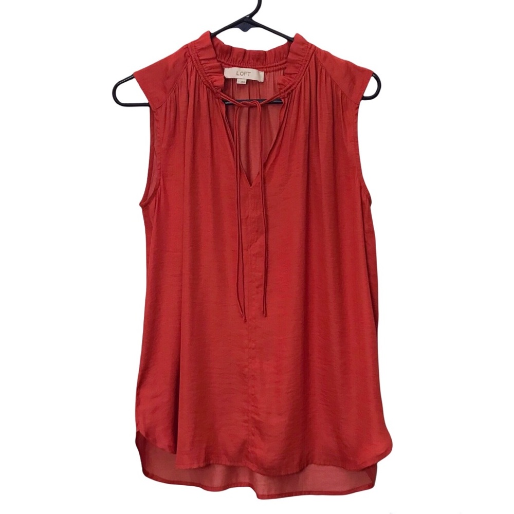 Loft Sleeveless Ruched Ruffled Coral V-Neck Small